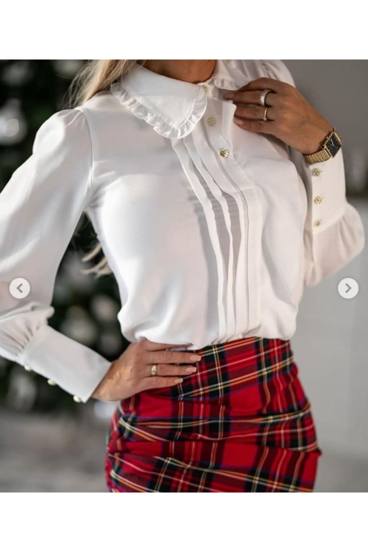 Kadın Jesica Kumaş Volan Detay Gömlek Ve Dalgıç Kumaş Ekose Baskılı Büzgü Detay Mini Etek Ikili Takım