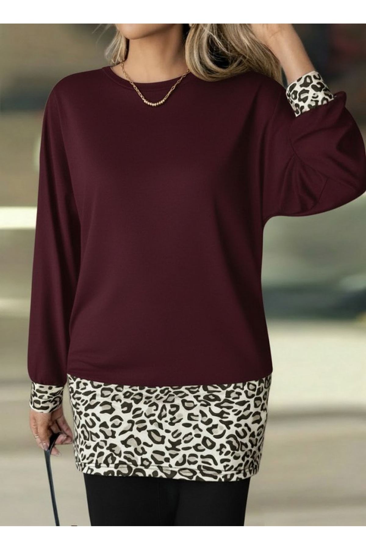 Kadın Uzun Kollu Bisiklet Yaka üst Viskon Iki Iplik Alt Leopar Desenli Mini Elbise