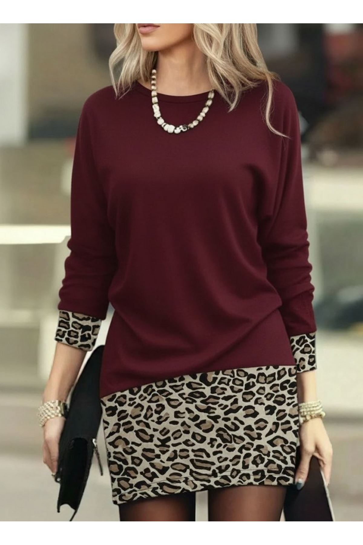 Kadın Uzun Kollu Bisiklet Yaka üst Viskon Iki Iplik Alt Leopar Desenli Mini Elbise