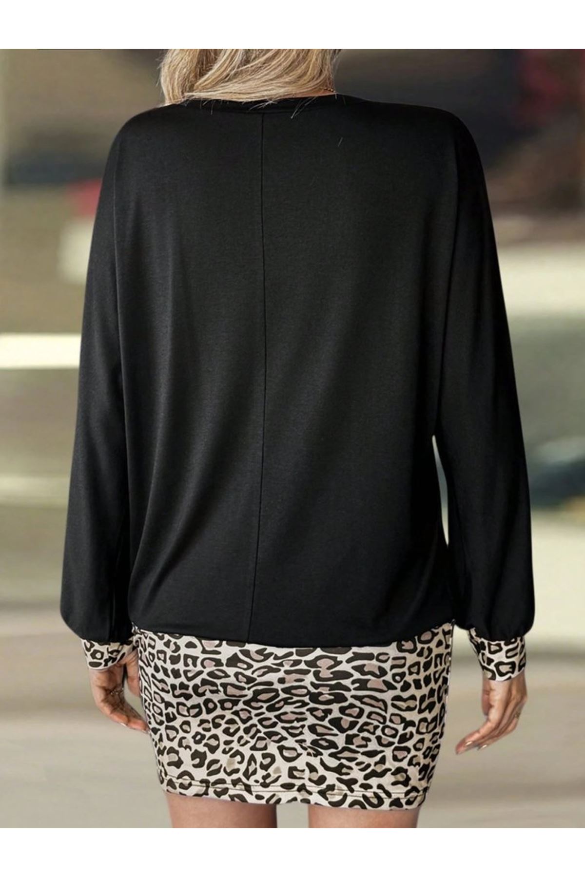 Kadın Uzun Kollu Bisiklet Yaka üst Viskon Iki Iplik Alt Leopar Desenli Mini Elbise
