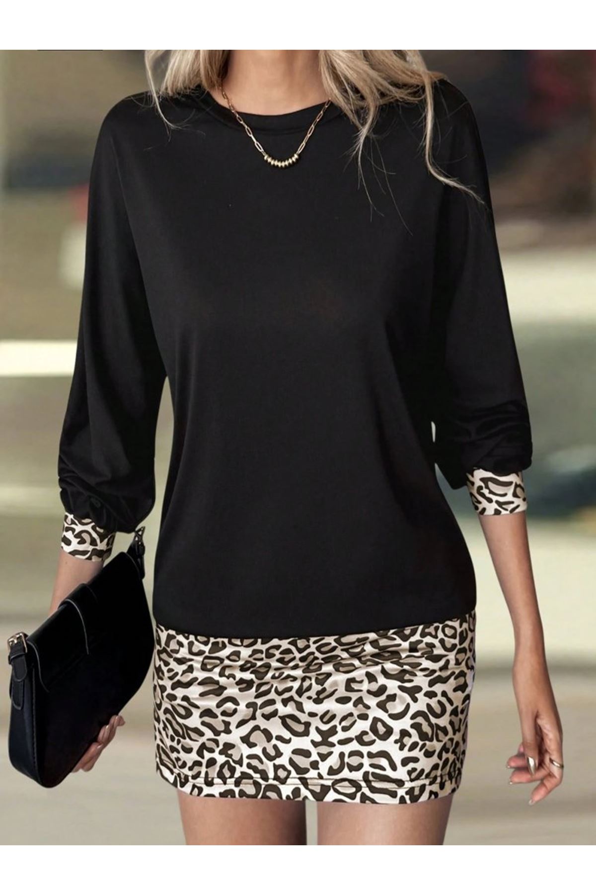 Kadın Uzun Kollu Bisiklet Yaka üst Viskon Iki Iplik Alt Leopar Desenli Mini Elbise