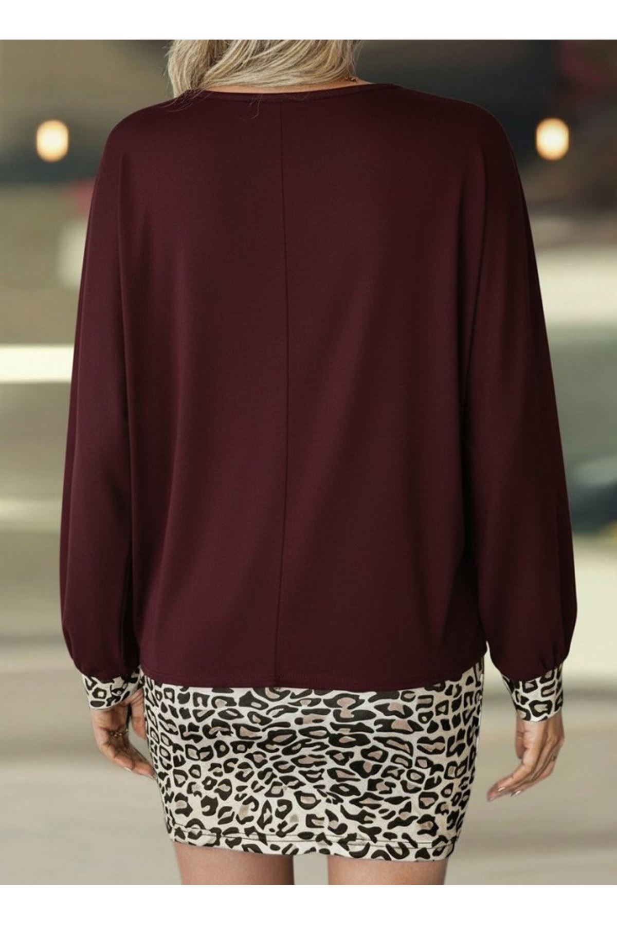 Kadın Uzun Kollu Bisiklet Yaka üst Viskon Iki Iplik Alt Leopar Desenli Mini Elbise