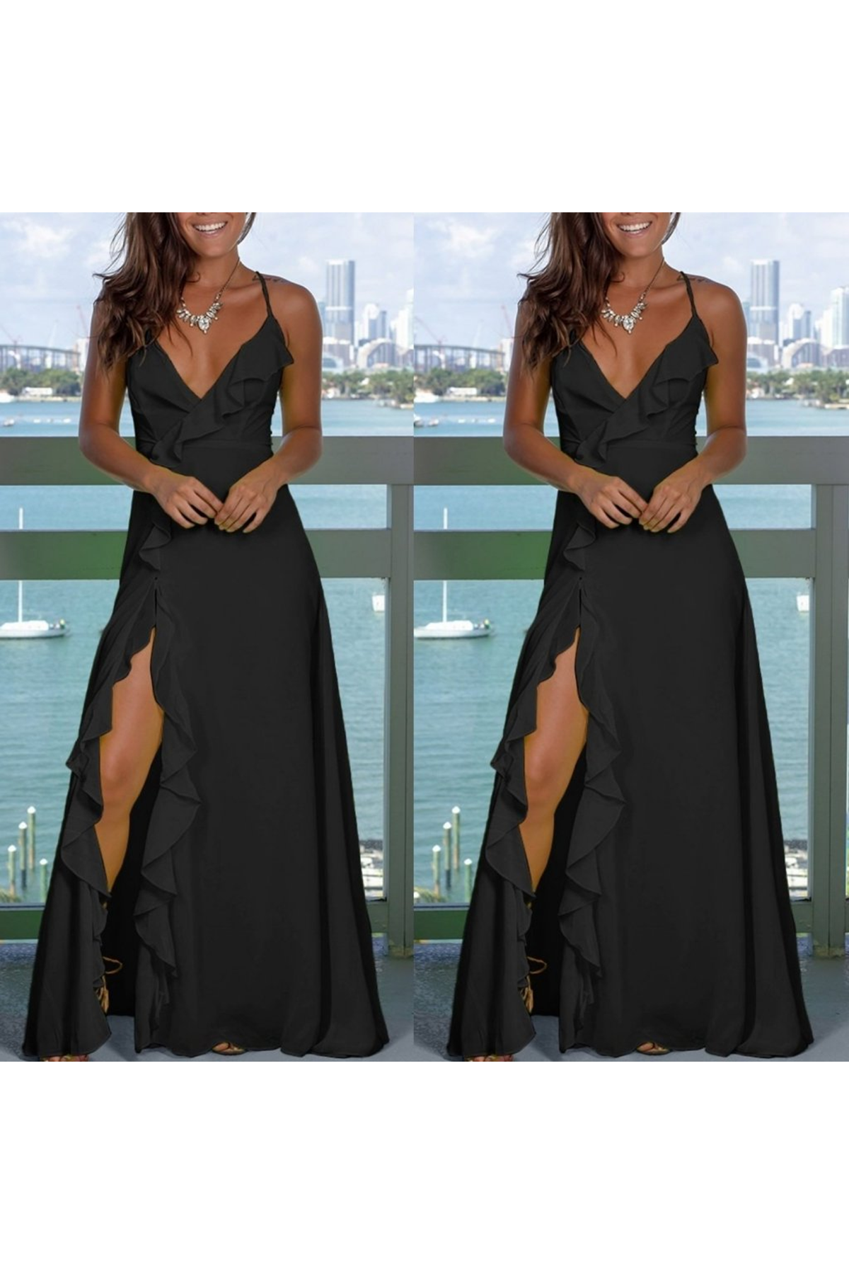 Kadın Ip Askılı Dekolteli Yırtmaç Detay Krep Elbise