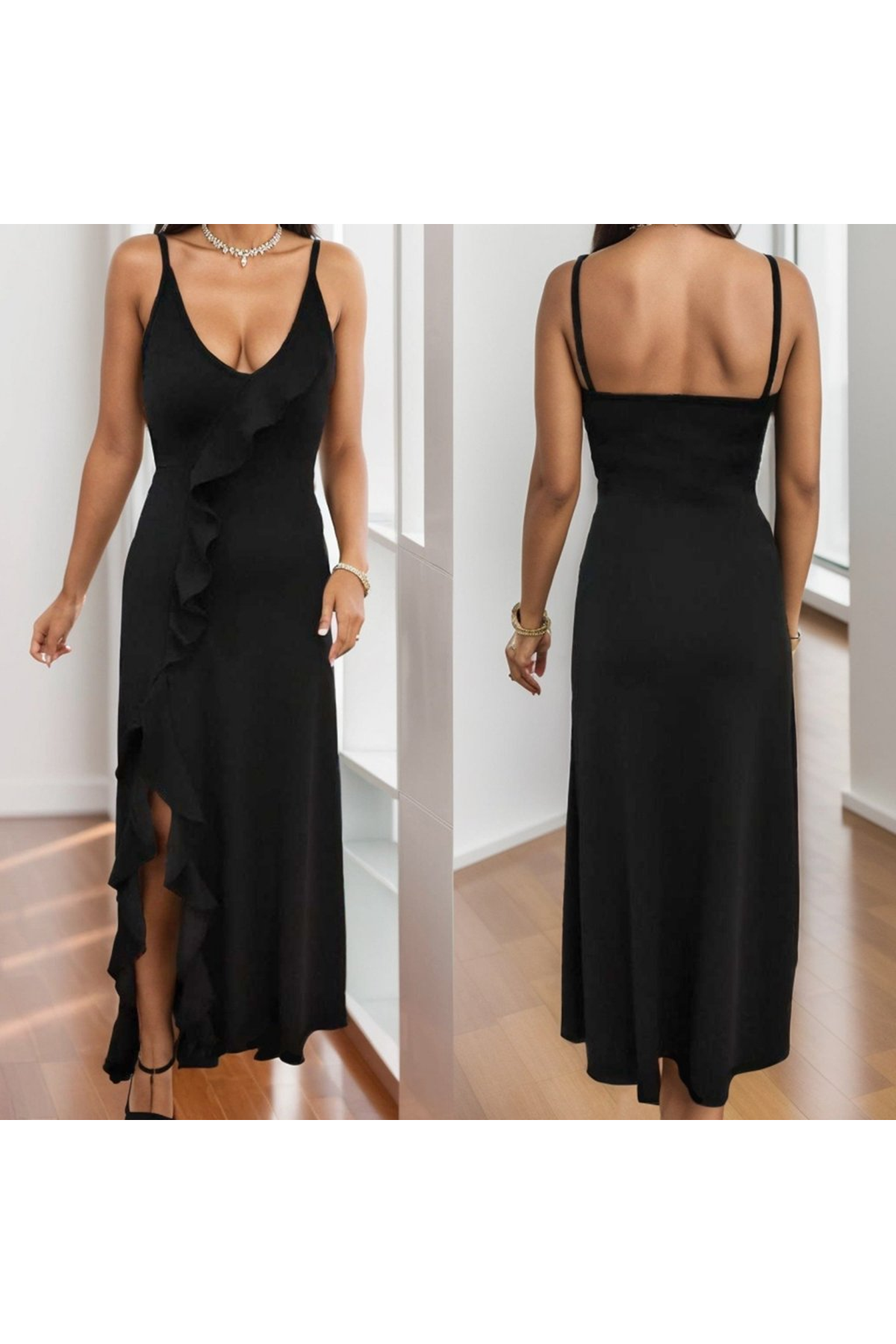 Kadın Ip Askılı Dekolteli Yırtmaç Detay Krep Elbise