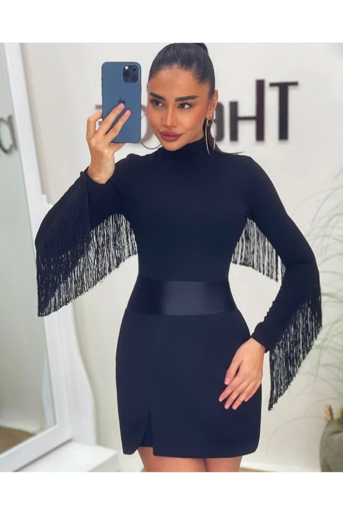 Kadın Uzun Kollu Balıkçı Yaka Püsküllü Kuşaklı Ithal Krep Tulum