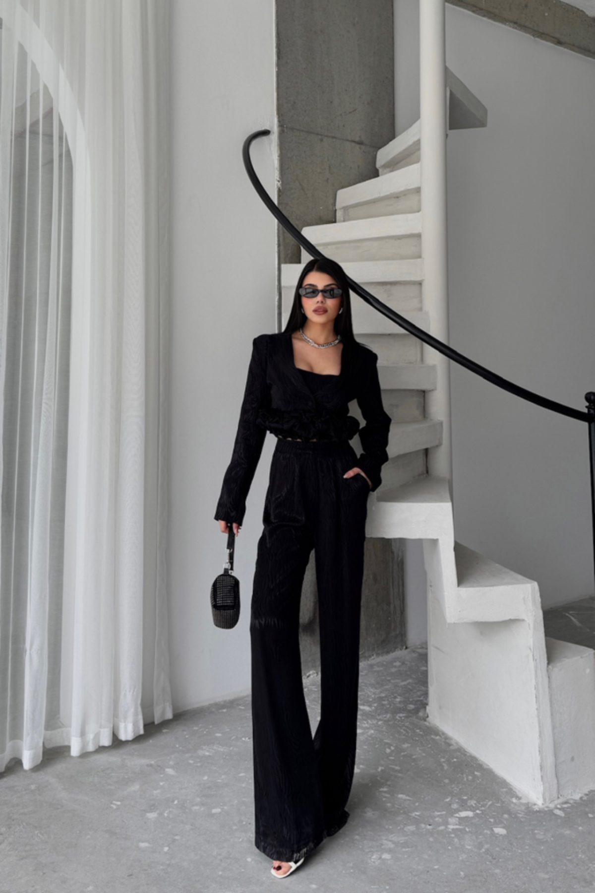 JAKARLI BLUZU TASARIM DETAYLI CEKET PANTOLON VE BLUZ 3 LÜ TAKIM