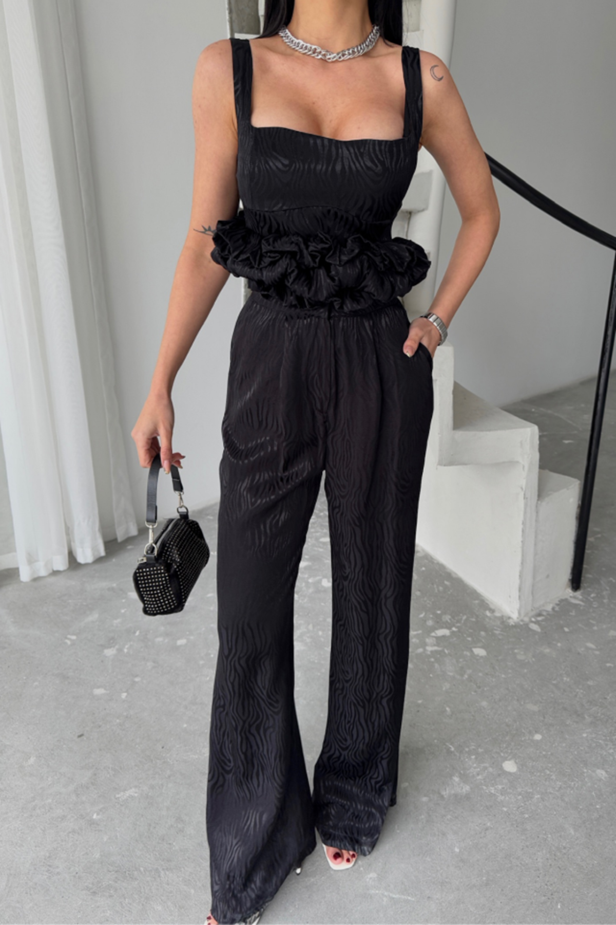 JAKARLI BLUZU TASARIM DETAYLI CEKET PANTOLON VE BLUZ 3 LÜ TAKIM