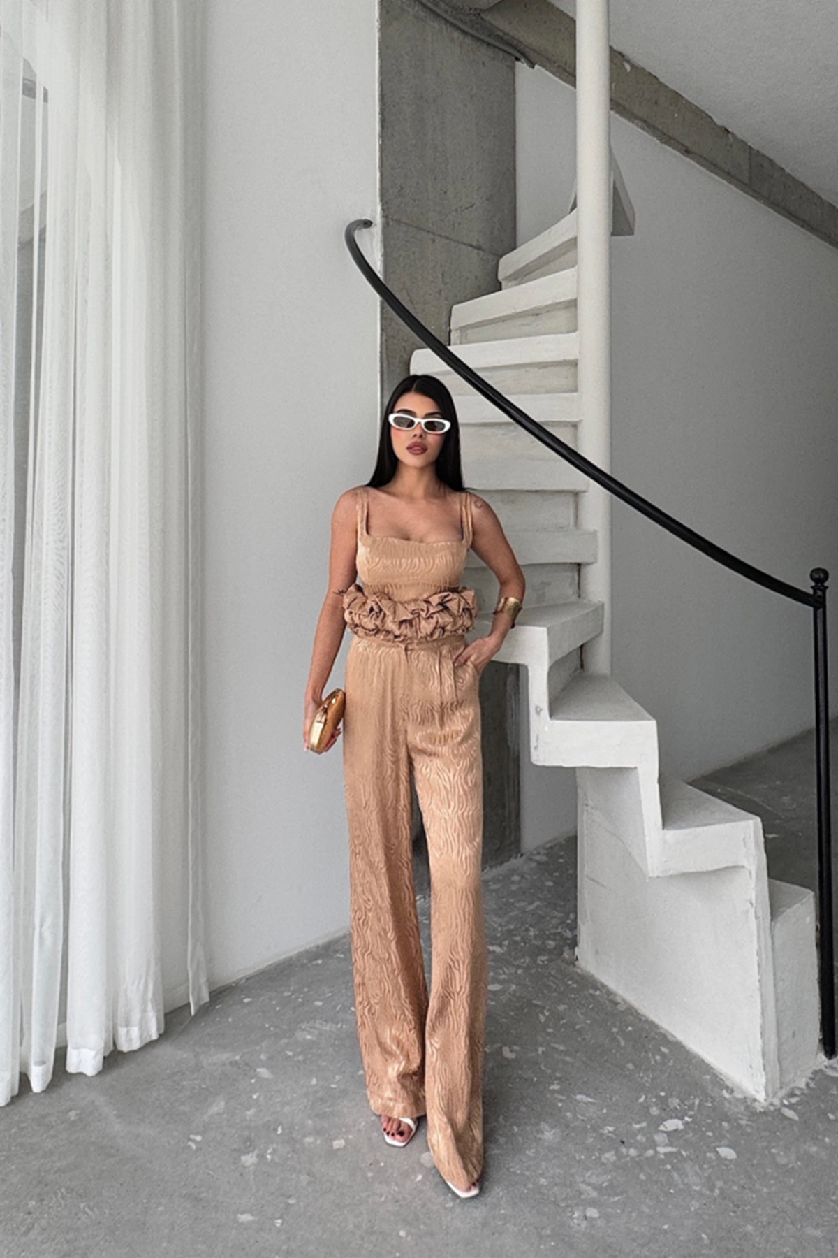 JAKARLI BLUZU TASARIM DETAYLI CEKET PANTOLON VE BLUZ 3 LÜ TAKIM