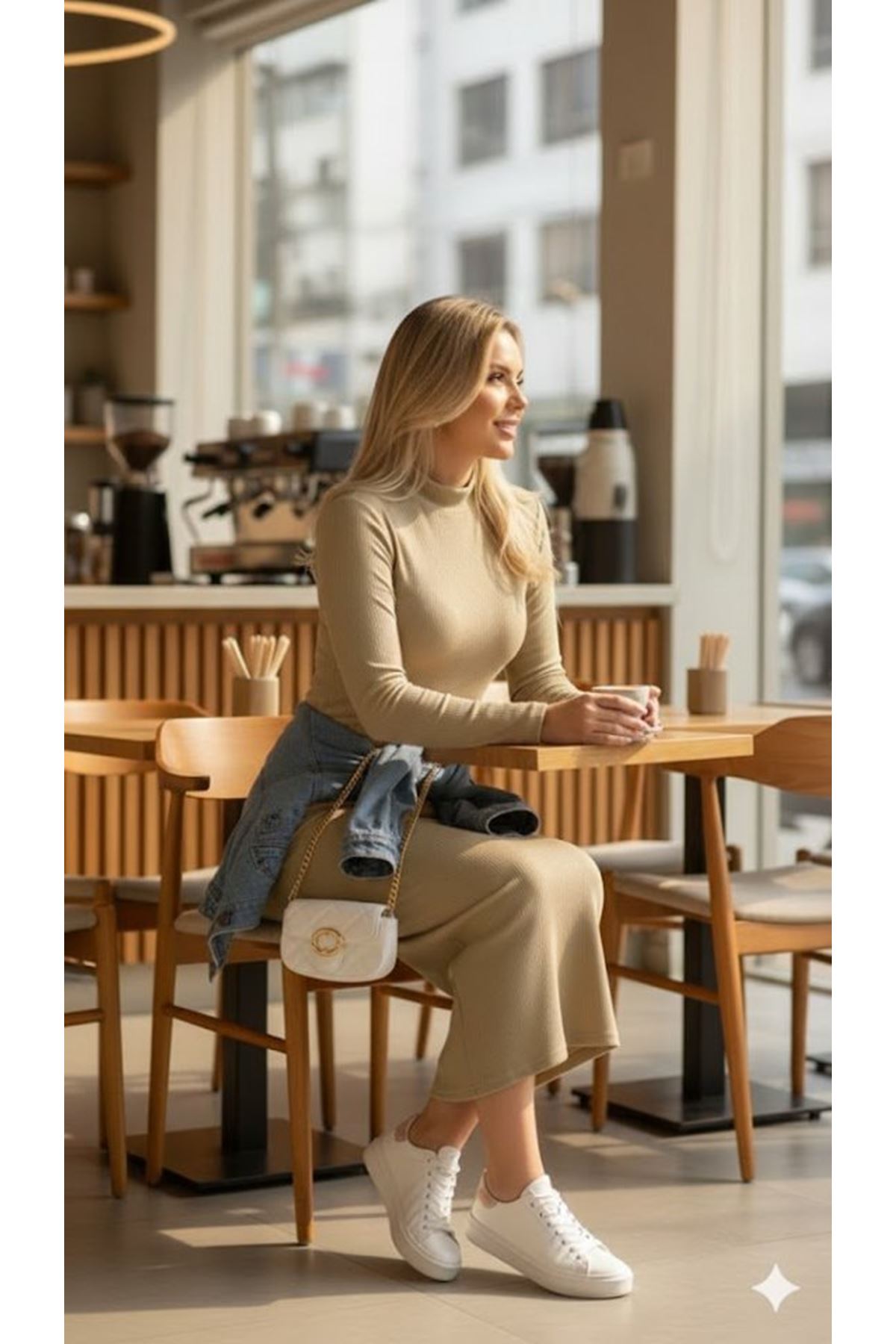 Kadın Uzun Kollu Balıkçı Yakalı Yanlardan Yırtmaçlı Kaşkorse Maxi Elbise