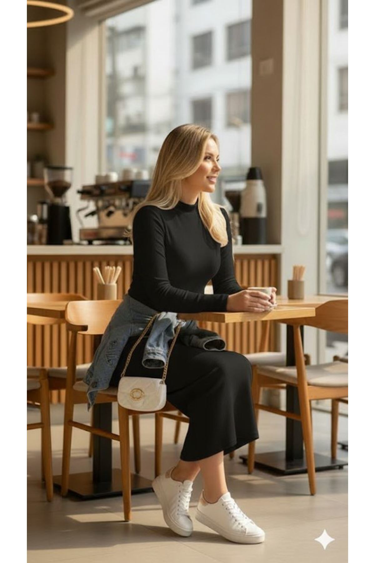 Kadın Uzun Kollu Balıkçı Yakalı Yanlardan Yırtmaçlı Kaşkorse Maxi Elbise