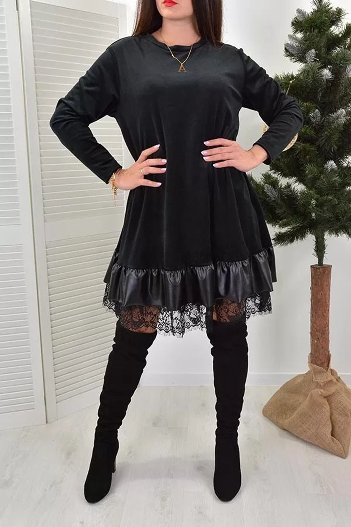 Kadın Uzun Kollu Bisiklet Yaka Etek Ucu Deri Ve Tül Detay Iki Iplik Mini Boy Elbise