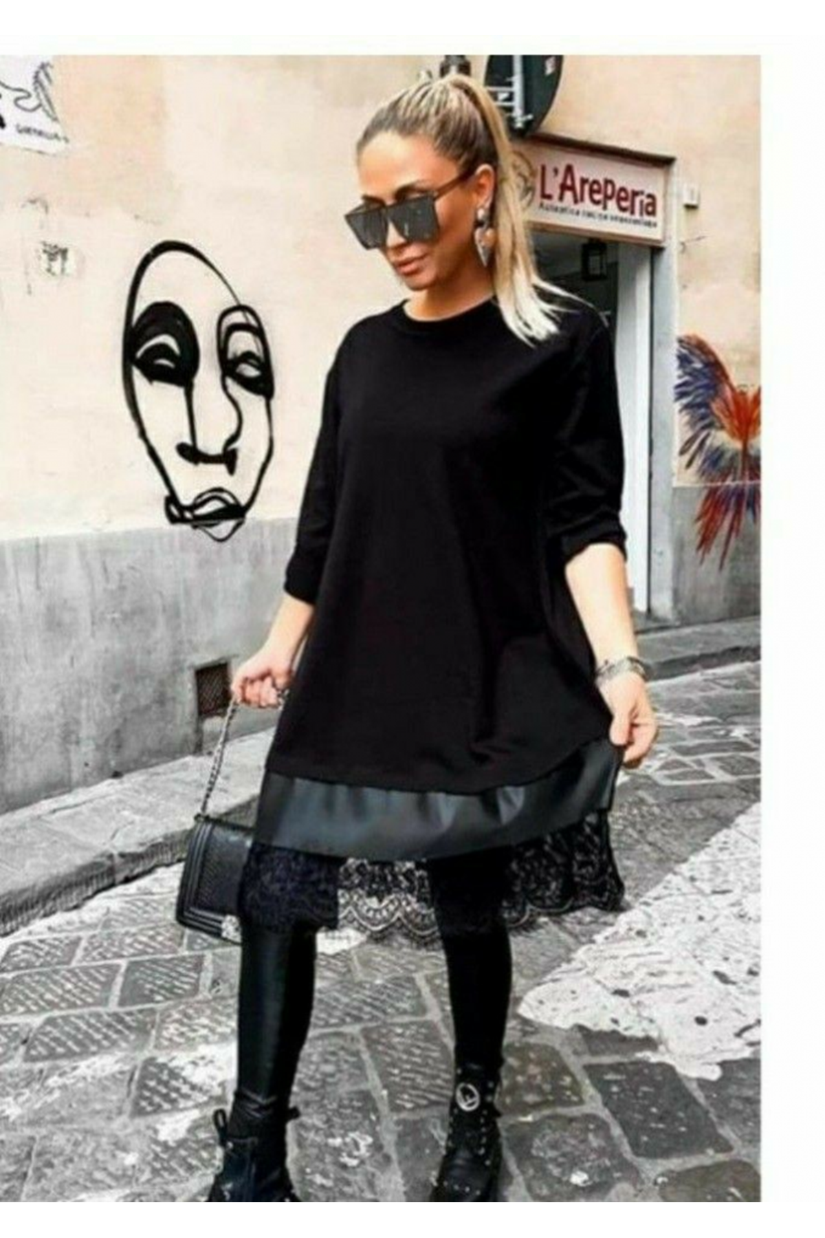 Kadın Uzun Kollu Bisiklet Yaka Etek Ucu Deri Ve Tül Detay Iki Iplik Mini Boy Elbise