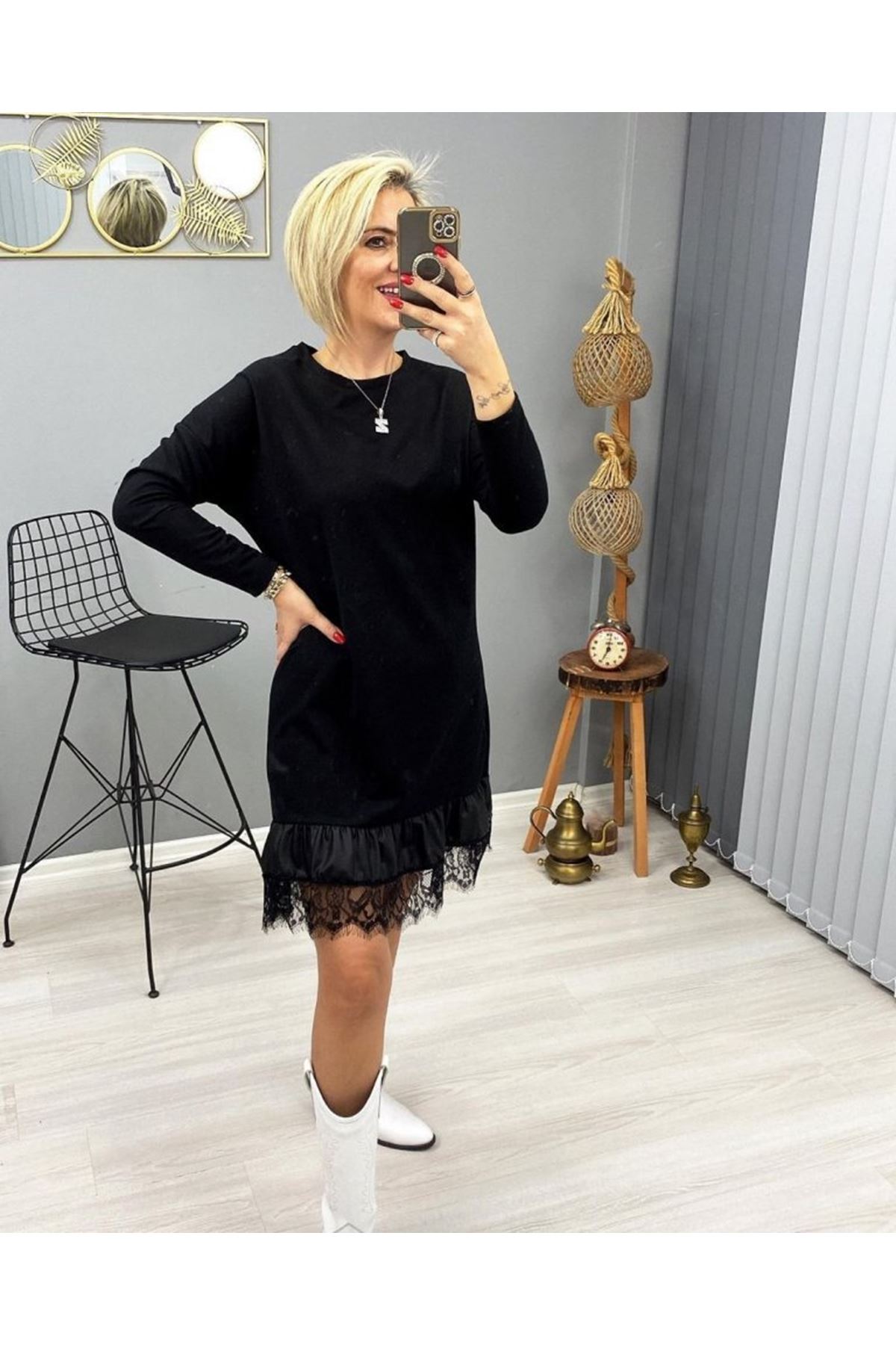 Kadın Uzun Kollu Bisiklet Yaka Etek Ucu Deri Ve Tül Detay Iki Iplik Mini Boy Elbise