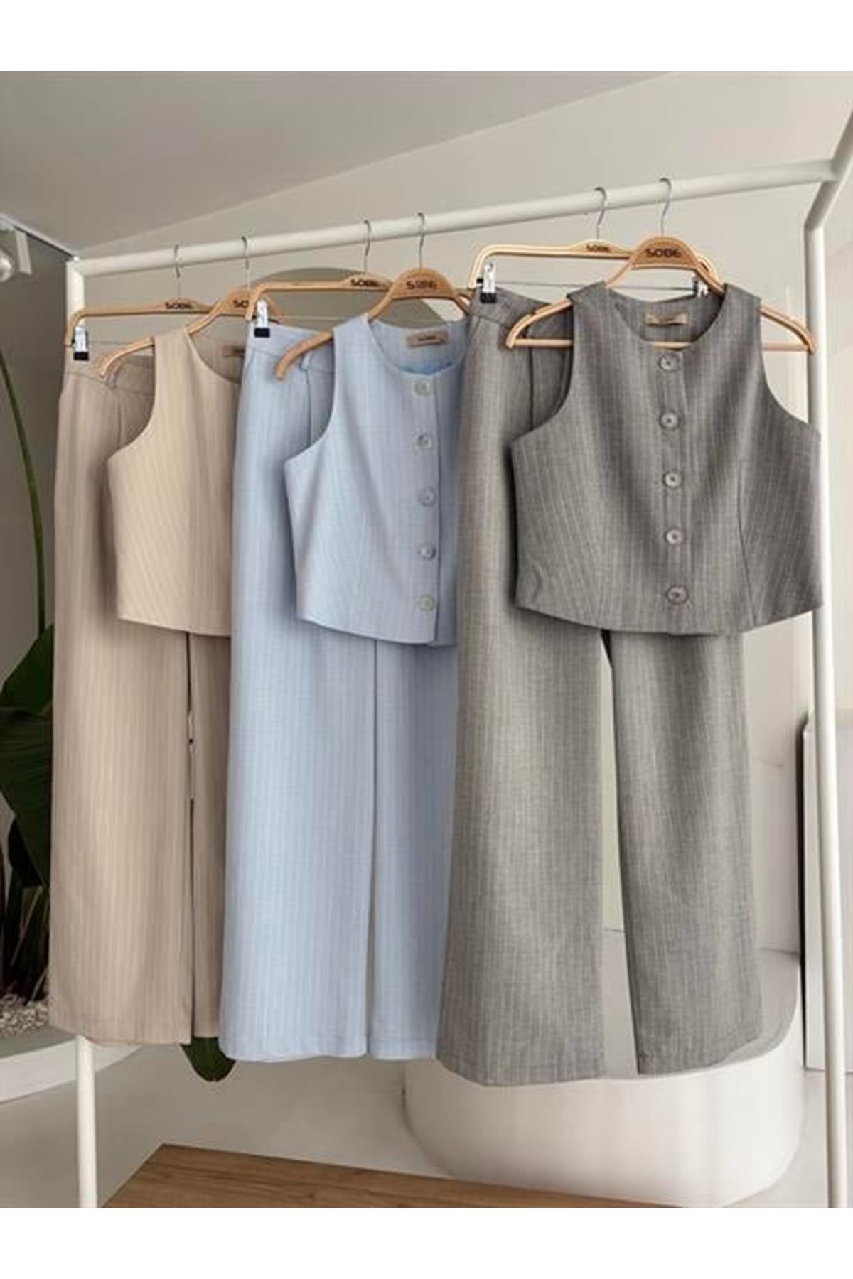 Yelek Plazzo Pantolon Çizgili Flamlı Poliviscon Takım 10178