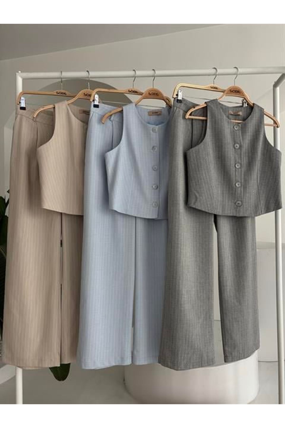 Yelek Plazzo Pantolon Çizgili Flamlı Poliviscon Takım 10178