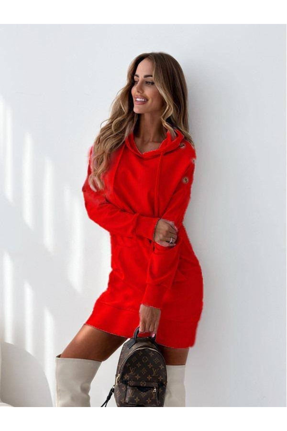 Kadın Kanguru Cep Kapüşonlu Iki Iplik Tunik Elbise