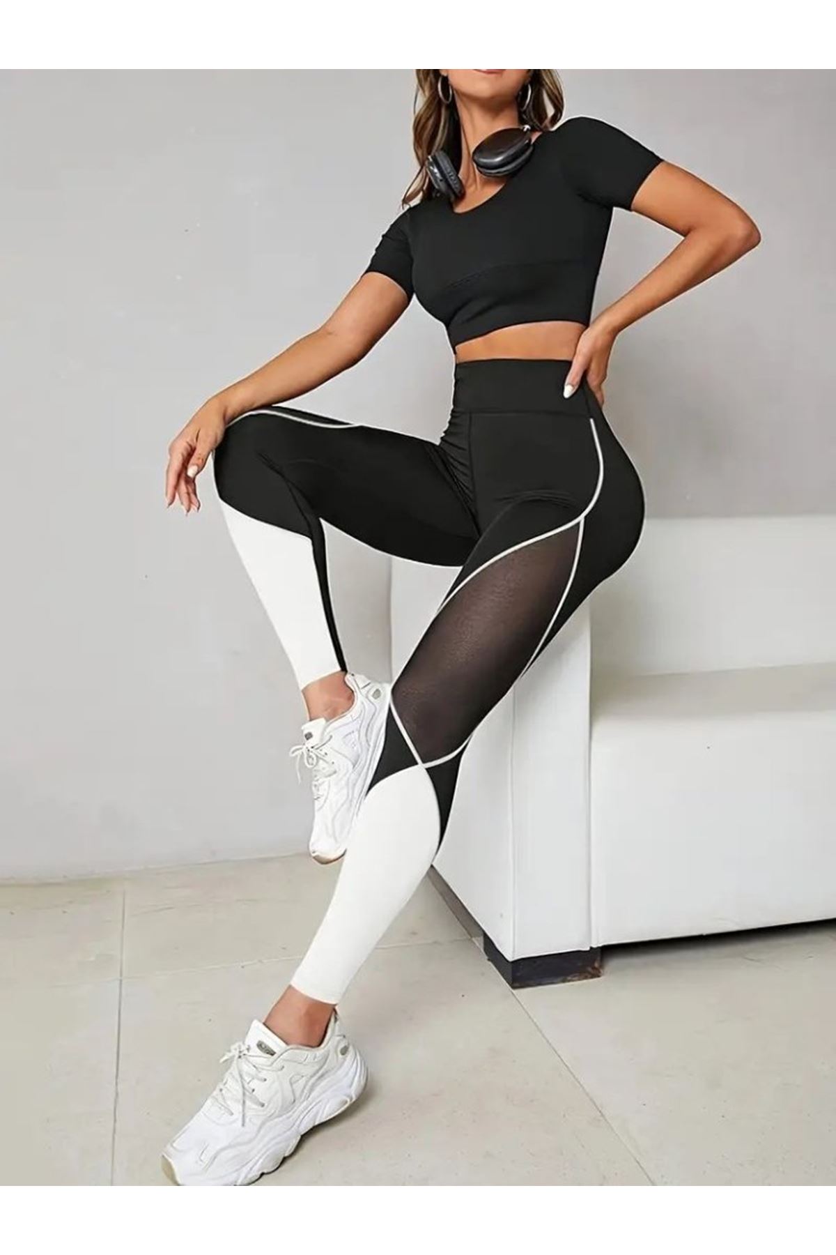 Kadın Yüksek Bel Yanlardan Tül Detaylı çift Renkli Spor Dalgıç Tayt