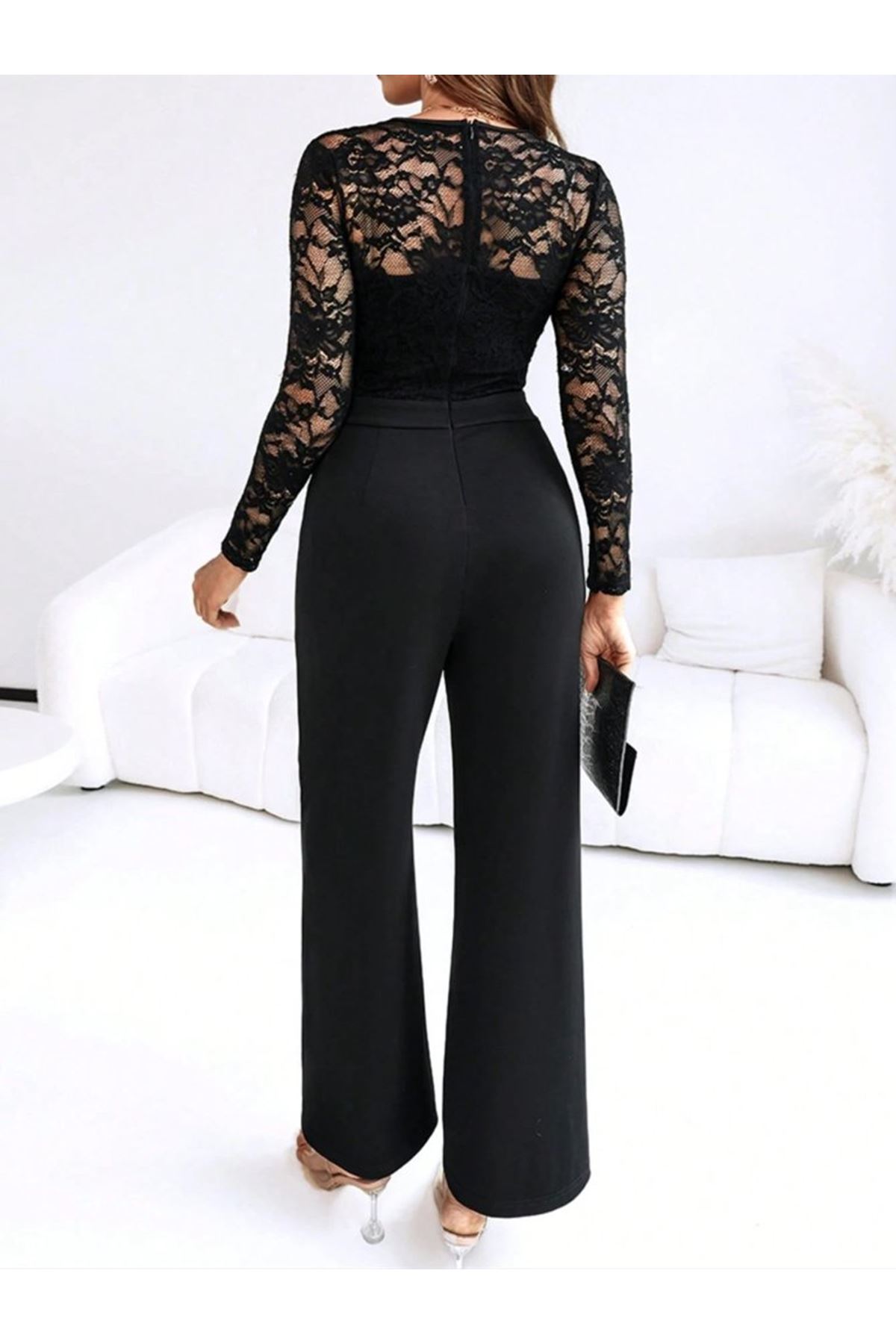 Kadın Uzun Kollu Kruvaze Yakalı Dantelli önünde Toka Detaylı Uzun Ithal Krep Tulum