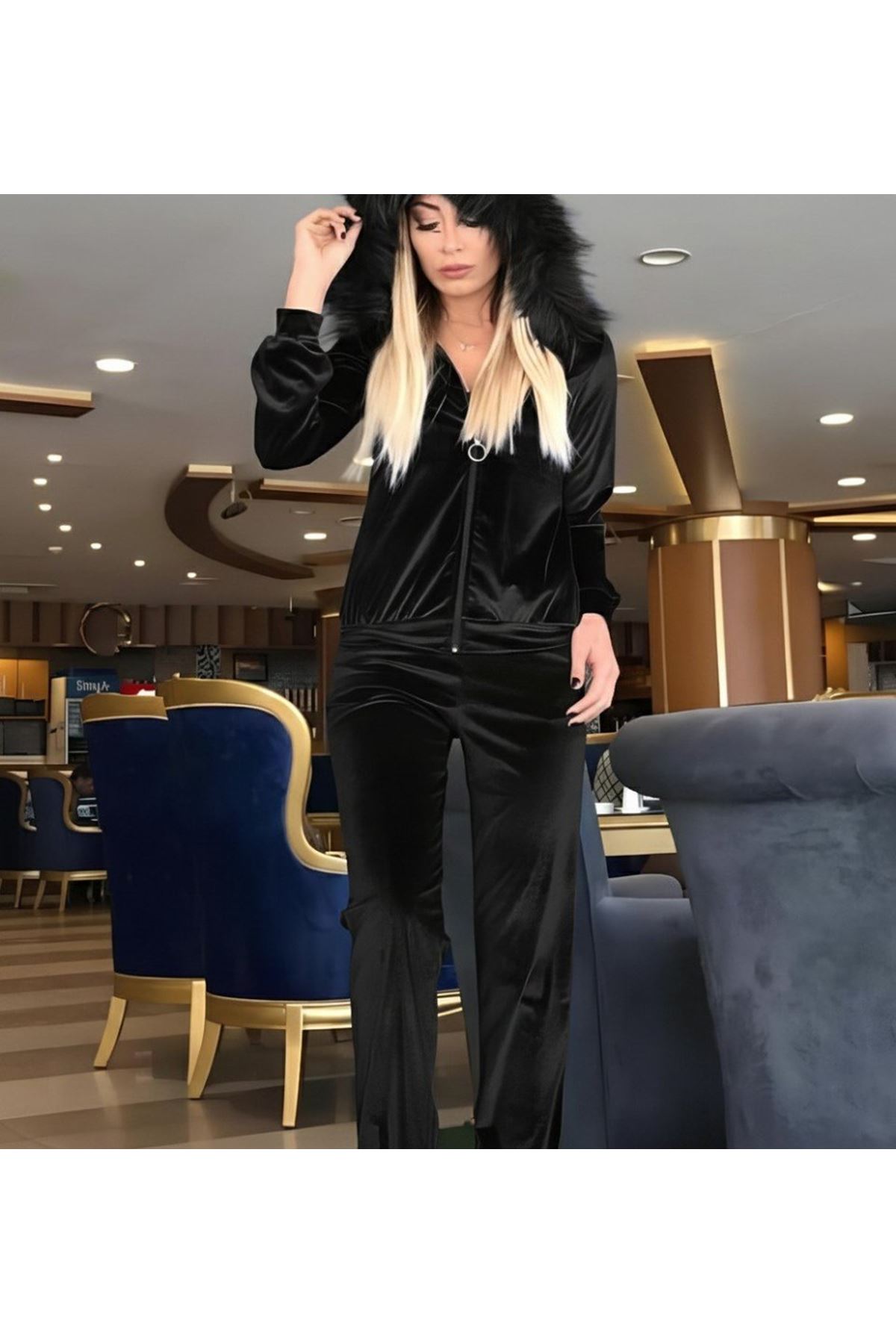 Kadın Uzun Kollu önden Fermuarlı Kapşon Tüy Detaylı Kadife Bluz Ve Pantolon Ikili Takım