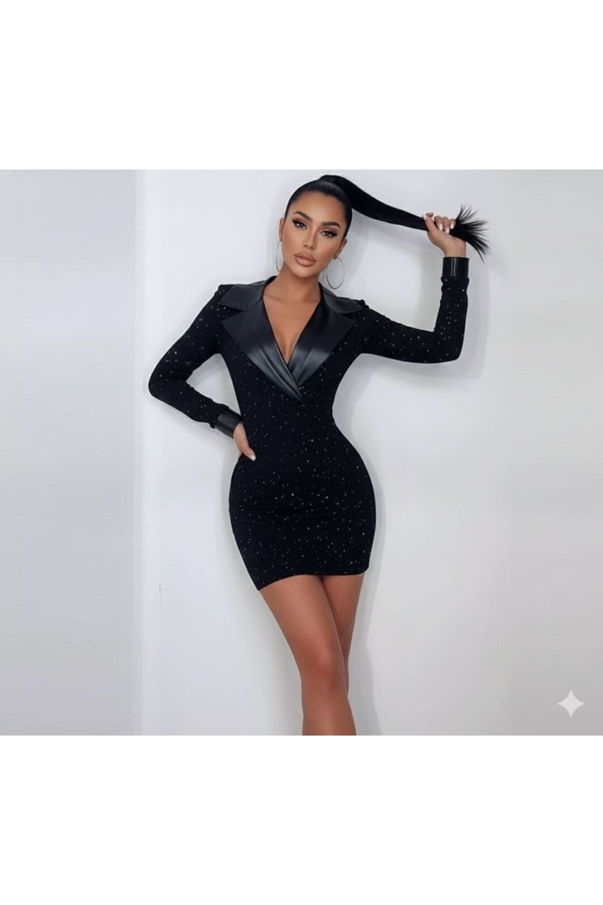 Kadın Deri Detaylı Manşet Yaka Simli Fukara Kumaş Mini Elbise