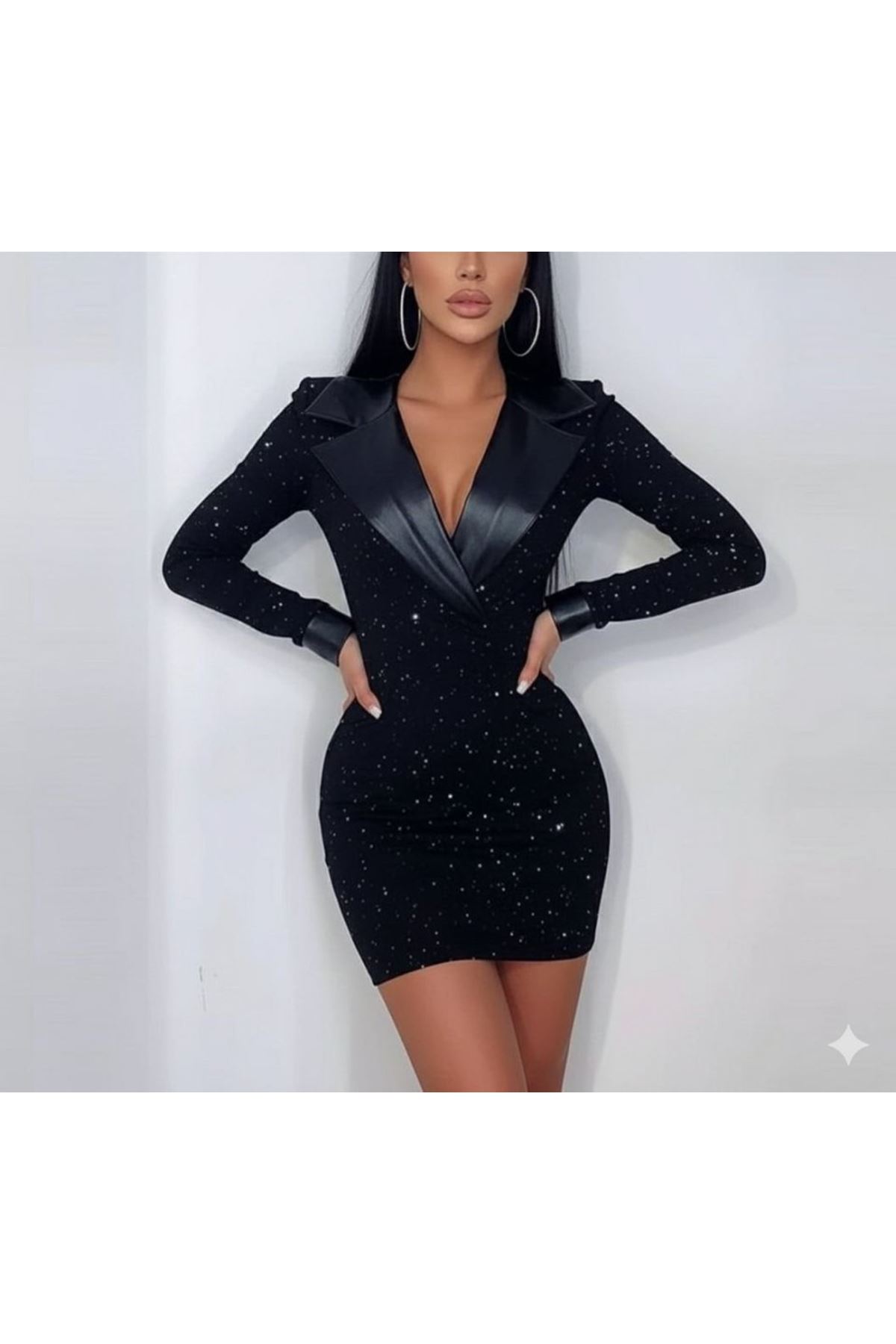 Kadın Deri Detaylı Manşet Yaka Simli Fukara Kumaş Mini Elbise