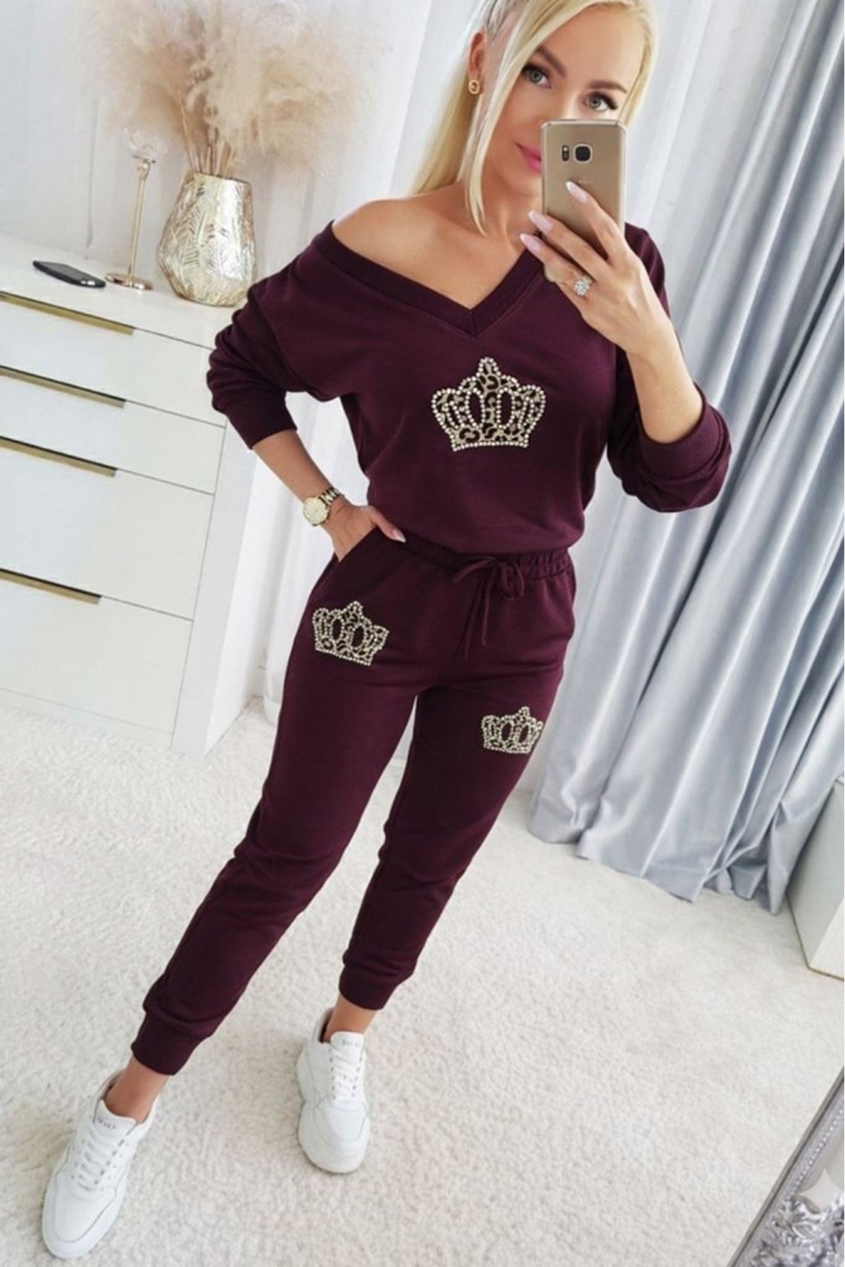 Kadın Uzun Kollu V Yakalı Desenli Viskon Iki Iplik Bluz Ve Pantolon Ikili Takım