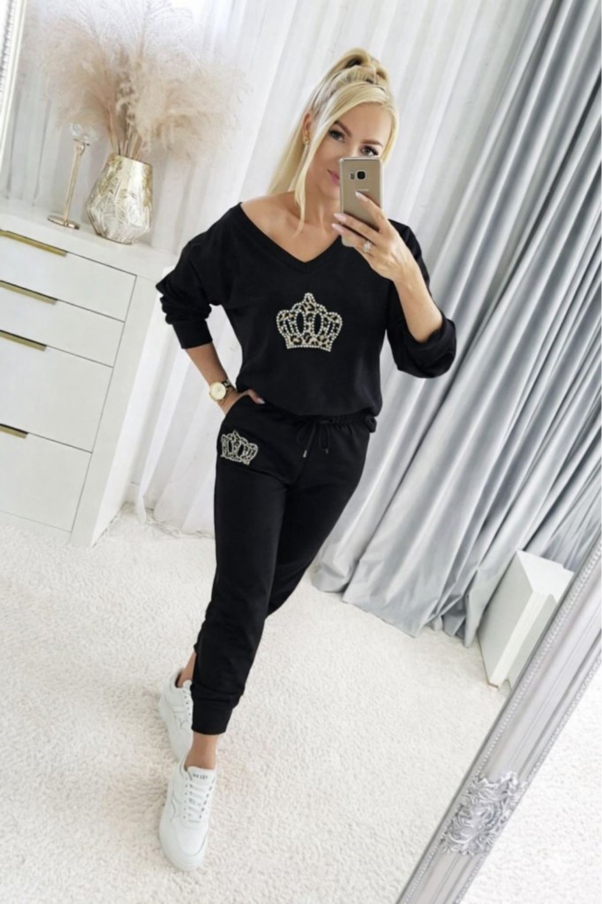 Kadın Uzun Kollu V Yakalı Desenli Viskon Iki Iplik Bluz Ve Pantolon Ikili Takım