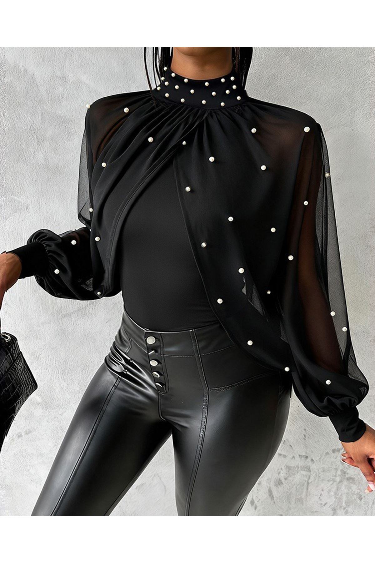 Kadın Balıkçı Yaka Incili Pelerin Ithal Krep Bluz