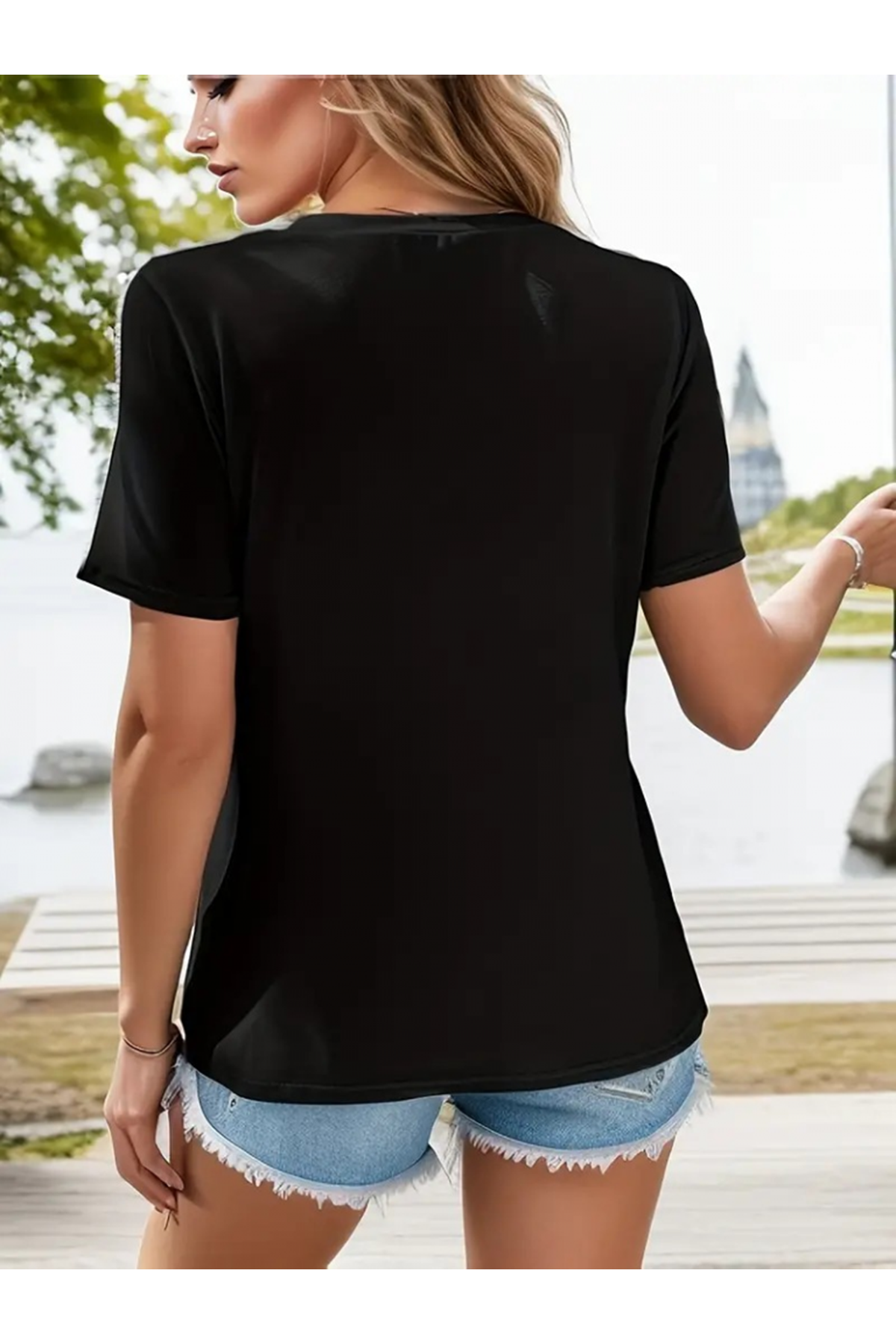 Kadın Kısa Kollu V Yaka şerit Detay Viskon Bluz