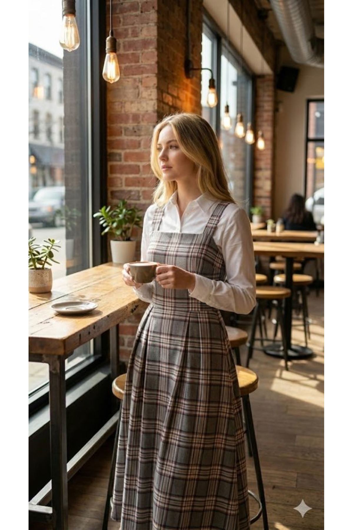 Kadın Omuz Askılı Full Ekose Detay Elbise