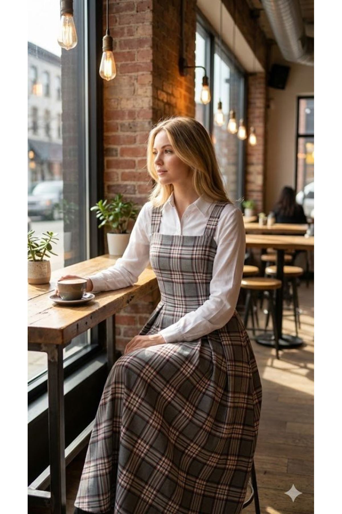 Kadın Omuz Askılı Full Ekose Detay Elbise