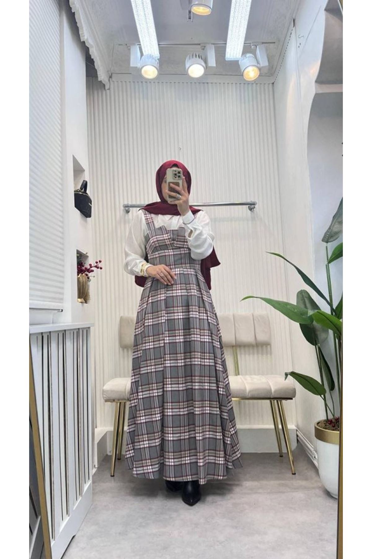 Kadın Omuz Askılı Full Ekose Detay Elbise