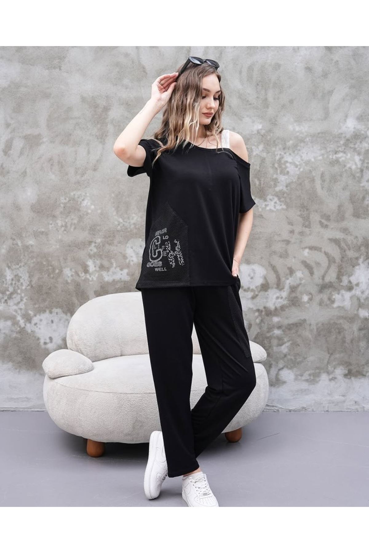 Kadın Kayık Yaka Baskı Detay Salaş Bluz Ve Yüksek Bel Pantolon Ikili Takım