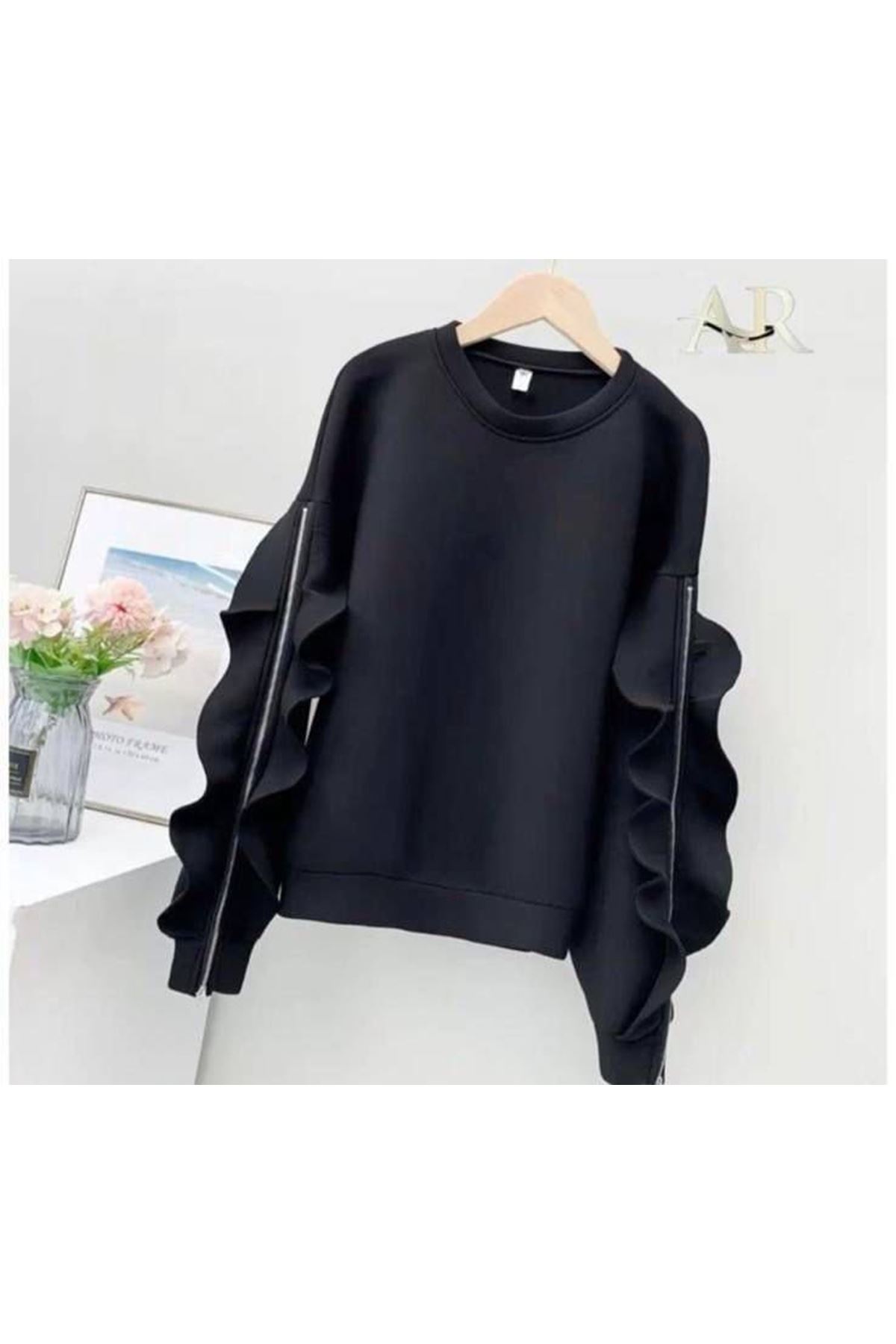 Kadın Bisiklet Yaka Kolları Volan Detay üç Iplik Kumaş Sweat