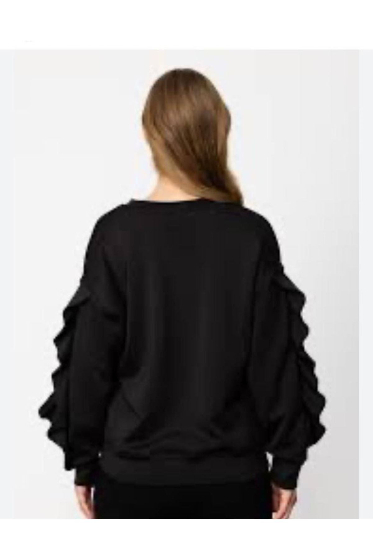 Kadın Bisiklet Yaka Kolları Volan Detay üç Iplik Kumaş Sweat