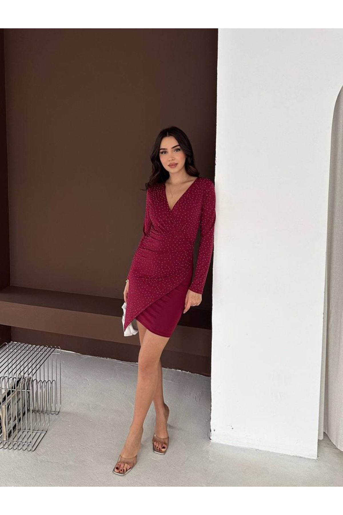 Kadın Uzun Kollu Taş Detay Mini Kruvaze Elbise