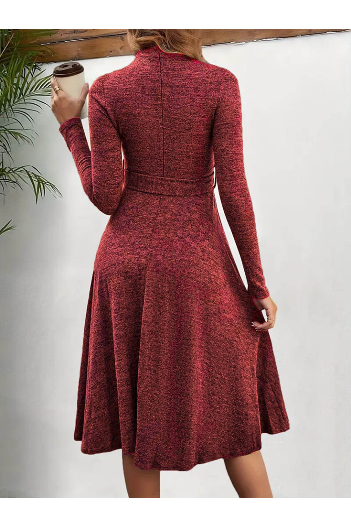 Kadın Uzun Kollu Balıkçı Yaka Kemer Detaylı Yumoş Midi Elbise