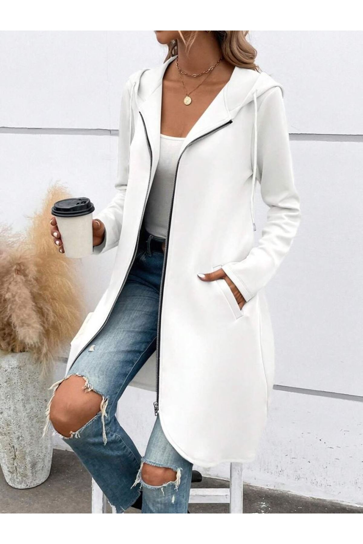Kadın Uzun Kollu Kapşonlu önden Fermuarlı Midi Dalgıç Ceket