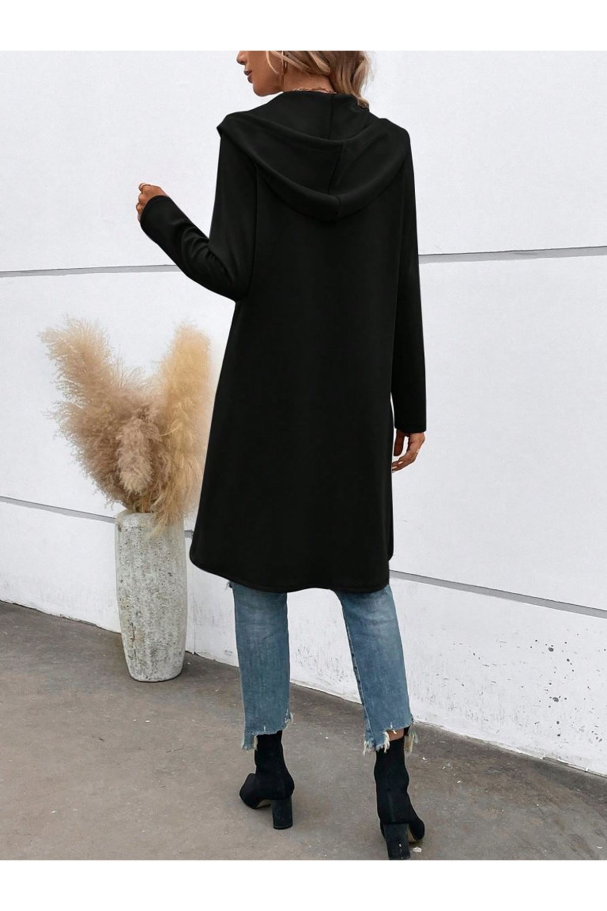 Kadın Uzun Kollu Kapşonlu önden Fermuarlı Midi Dalgıç Ceket