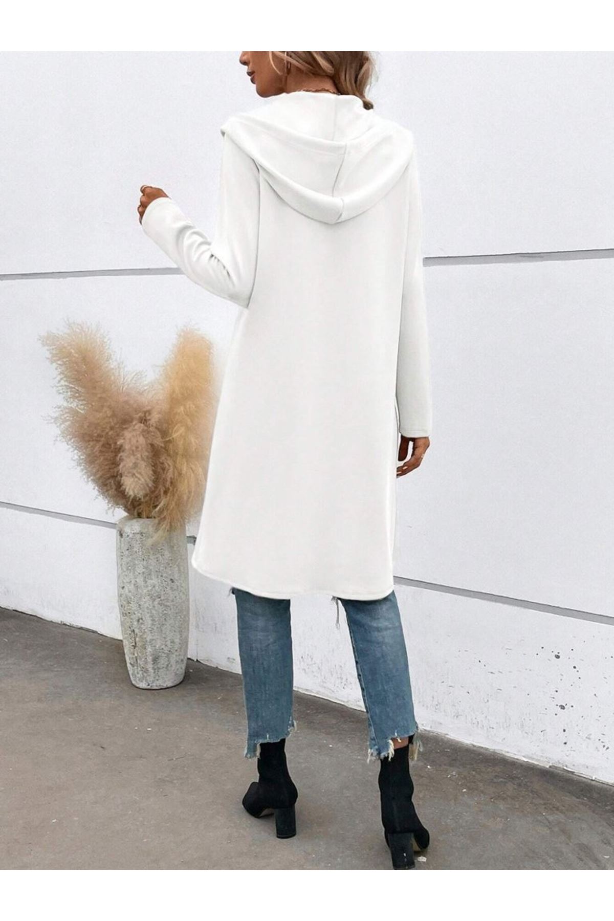 Kadın Uzun Kollu Kapşonlu önden Fermuarlı Midi Dalgıç Ceket