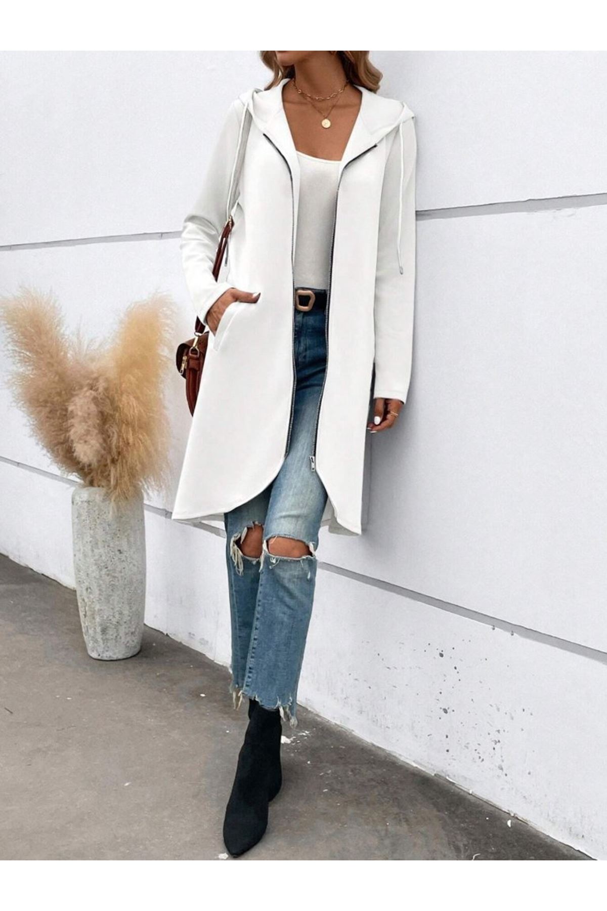 Kadın Uzun Kollu Kapşonlu önden Fermuarlı Midi Dalgıç Ceket