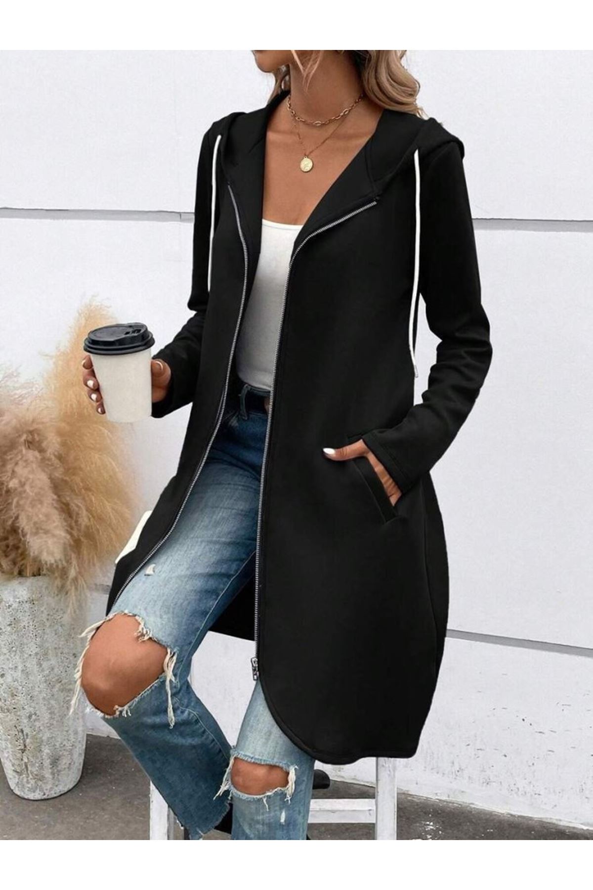 Kadın Uzun Kollu Kapşonlu önden Fermuarlı Midi Dalgıç Ceket