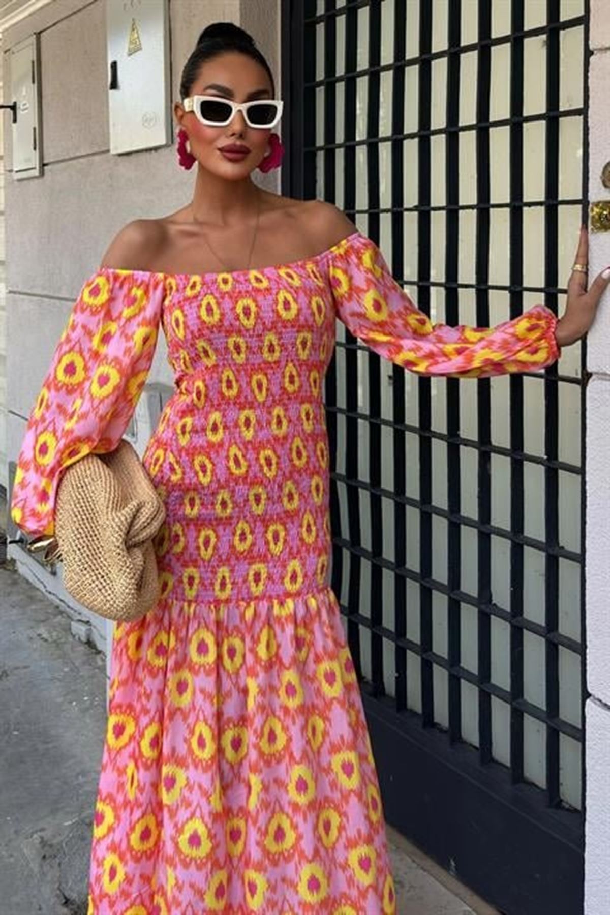 Madonna Yaka Gipe Detaylı Desenli Elbise 2746