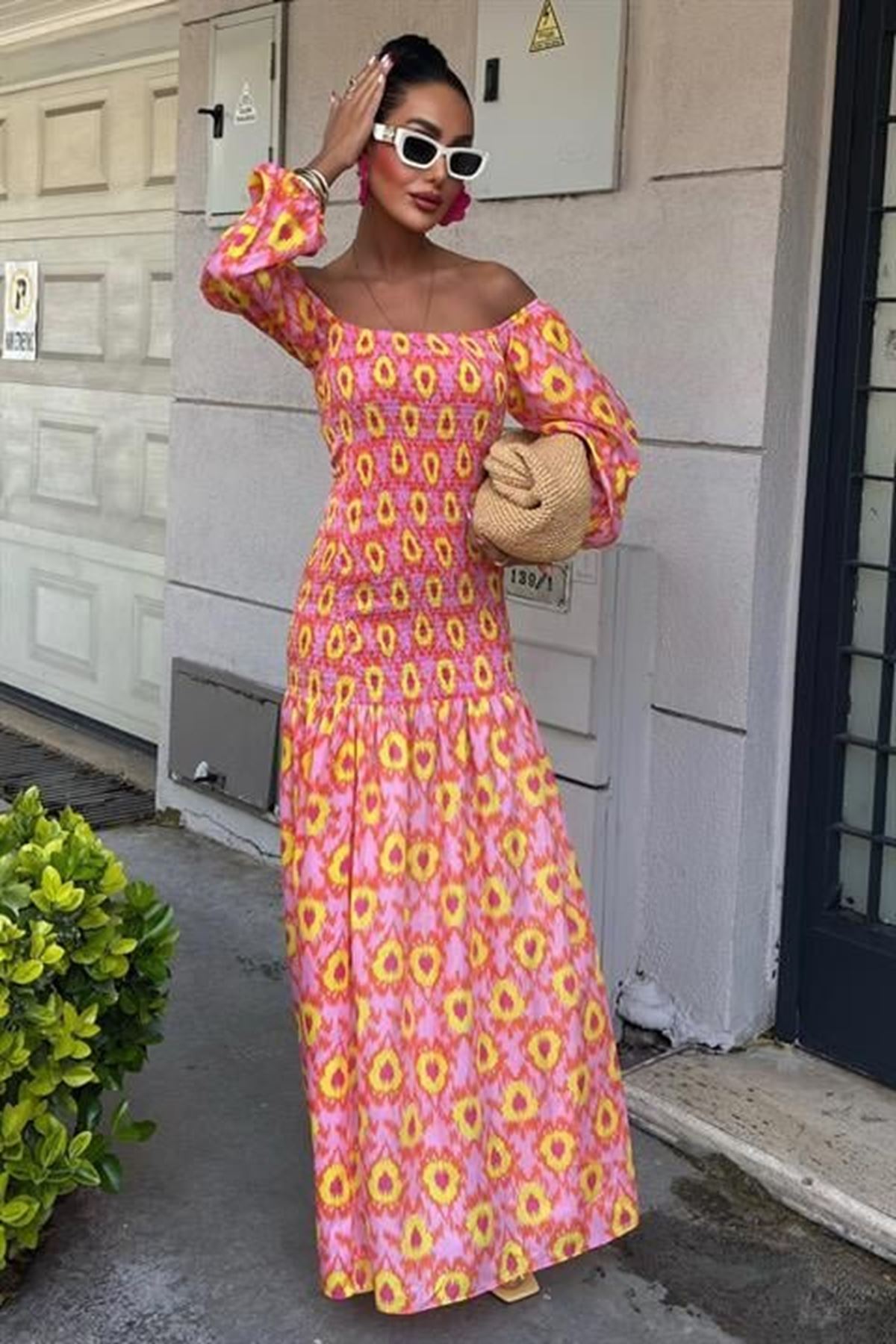 Madonna Yaka Gipe Detaylı Desenli Elbise 2746