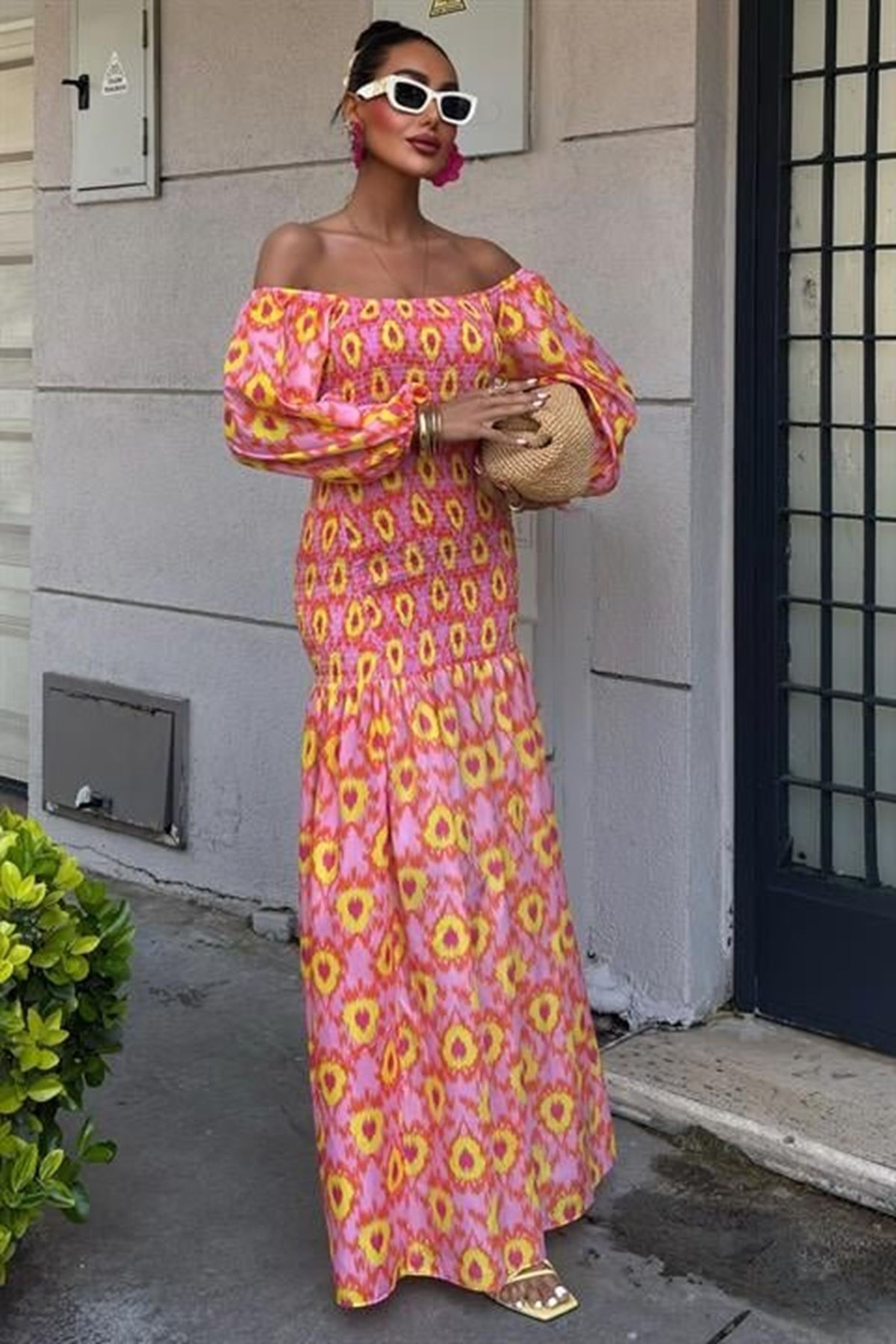 Madonna Yaka Gipe Detaylı Desenli Elbise 2746