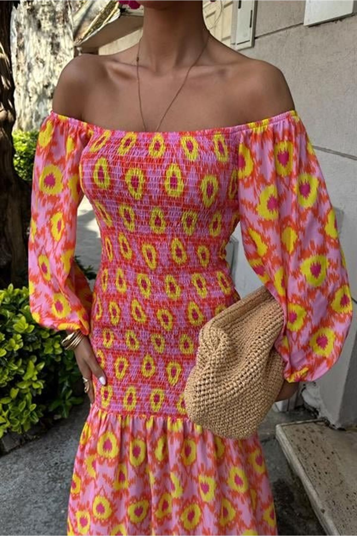 Madonna Yaka Gipe Detaylı Desenli Elbise 2746