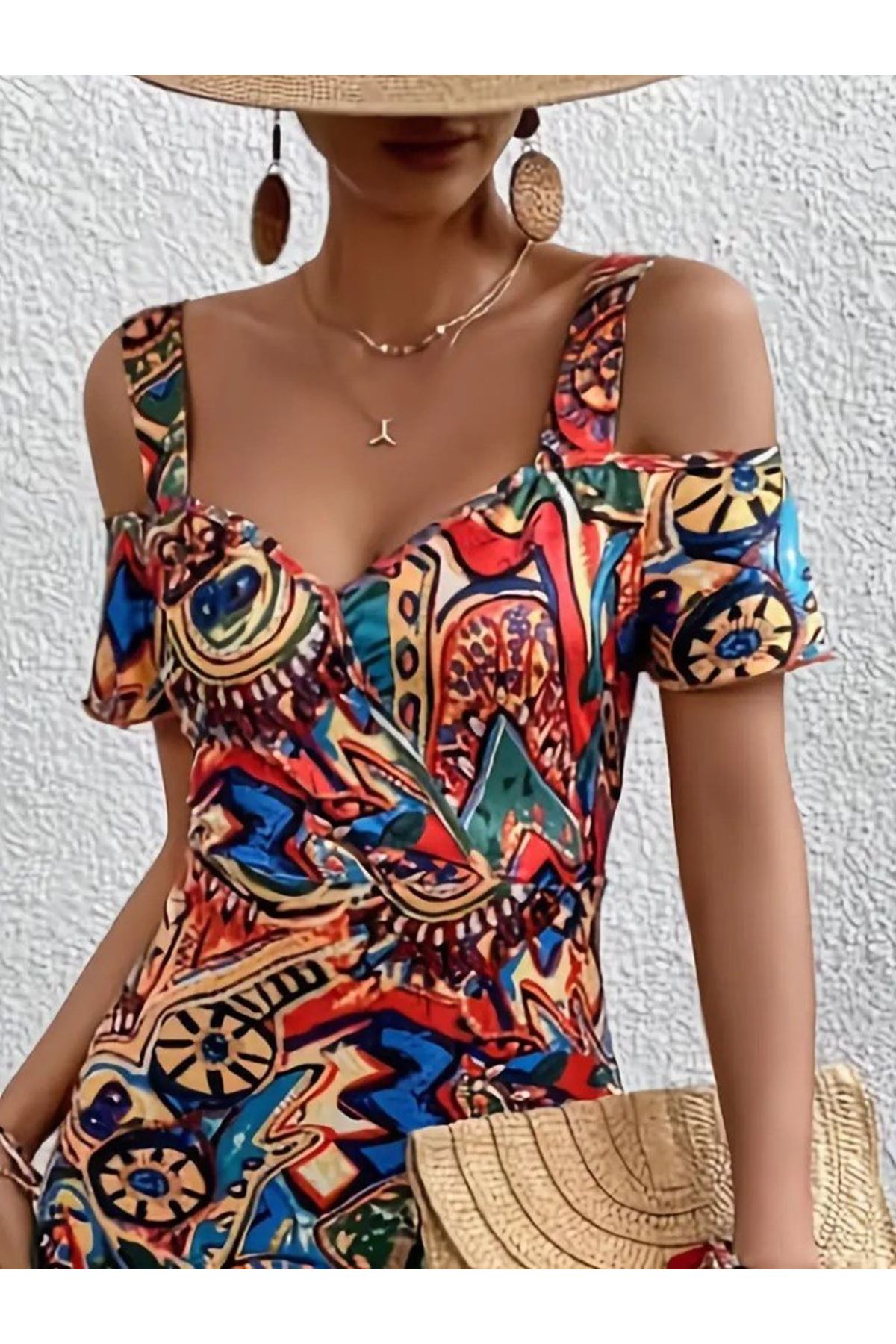 Kadın Omuzlardan Açıl Askılı Desenli Süprem Elbise