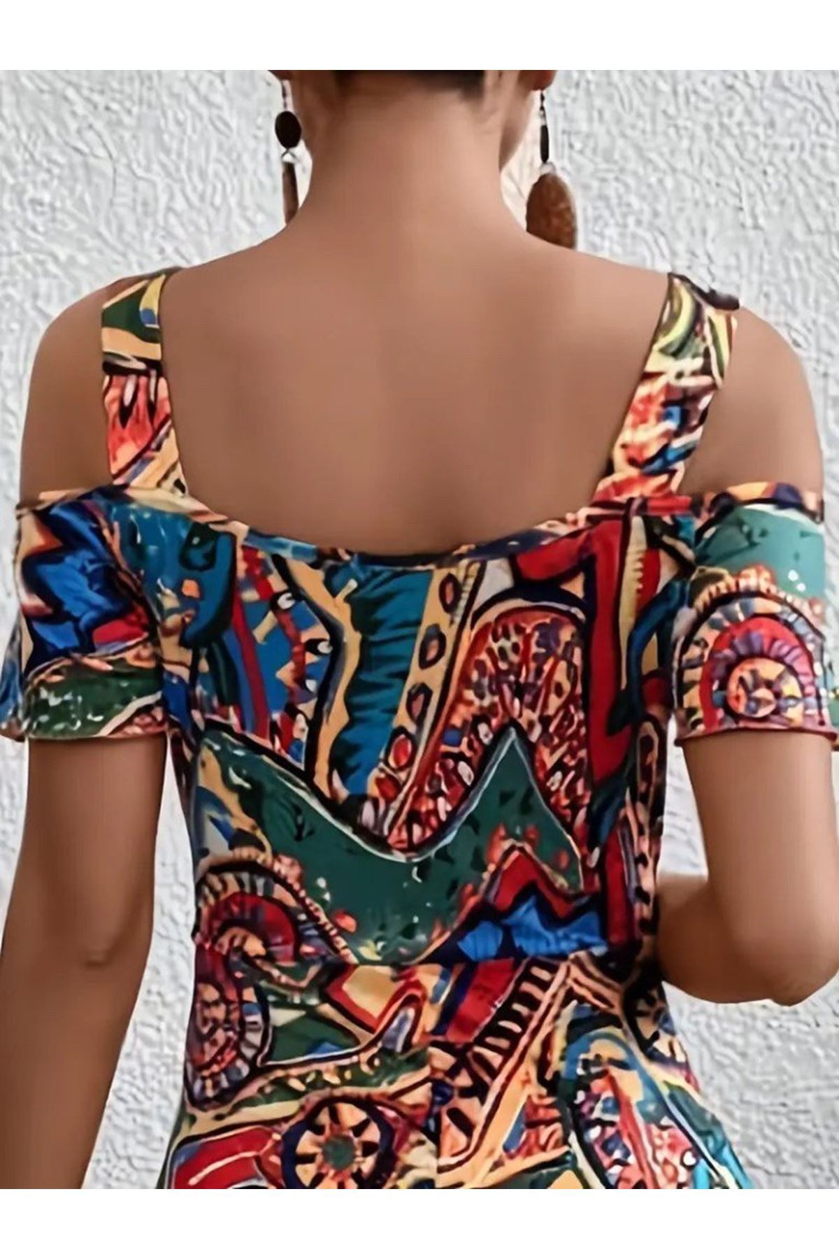 Kadın Omuzlardan Açıl Askılı Desenli Süprem Elbise