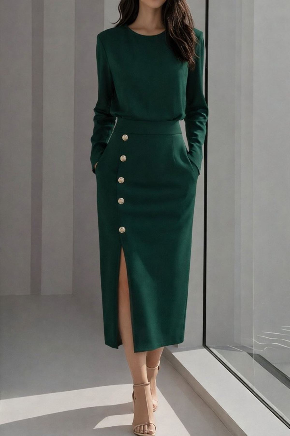 Kadın Uzun Kollu Bisiklet Yakalı Yandan Yırtmaçlı Düğmeli Midi Ithal Krep Elbise