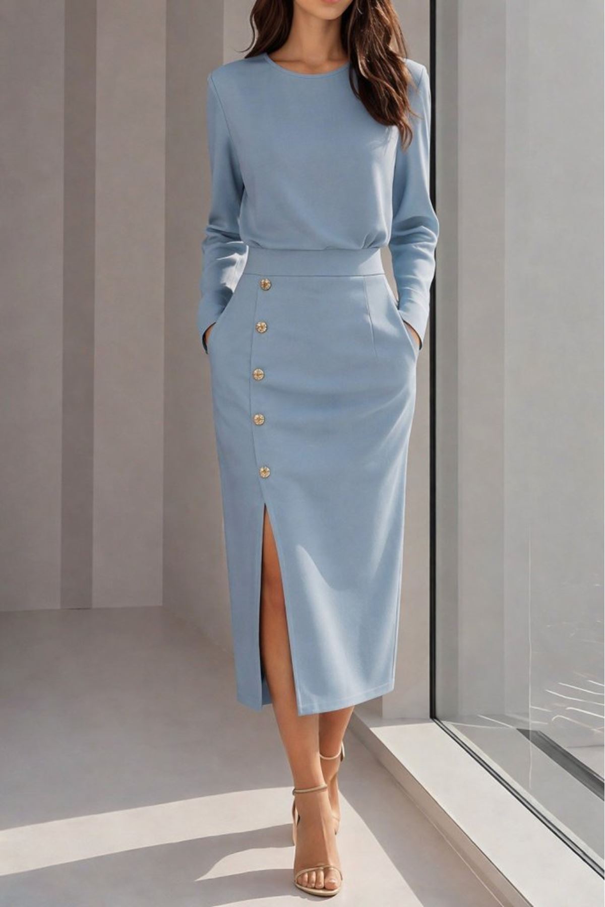 Kadın Uzun Kollu Bisiklet Yakalı Yandan Yırtmaçlı Düğmeli Midi Ithal Krep Elbise